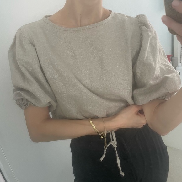 Lisa Says Gah Tops - GAH! Lisa Says Gah Gold White Woven Puff Sleeve Linen Top M